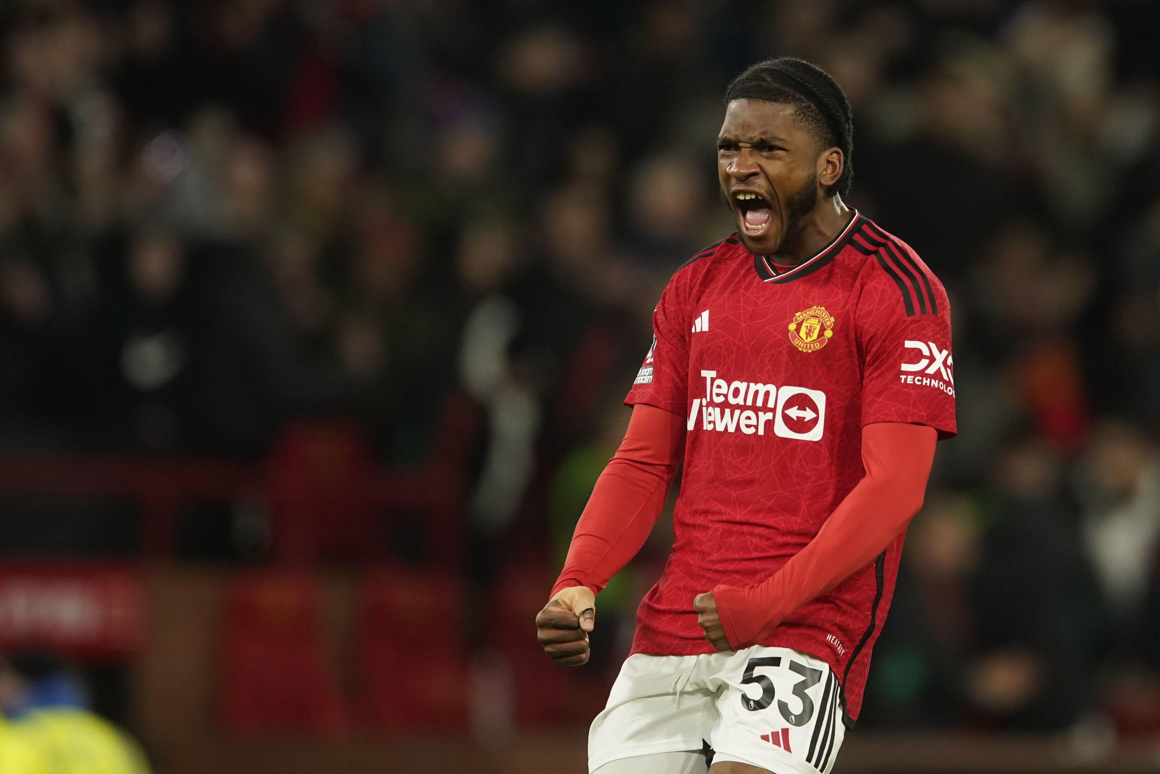FILE - Willy Kambwala celebrates during the English Premier League soccer match between Manchester United and Aston Villa in Manchester, England, Tuesday, Dec. 26, 2023. Willy Kambwala joined Villarreal from Manchester United on Monday after agreeing a five-year contract. 