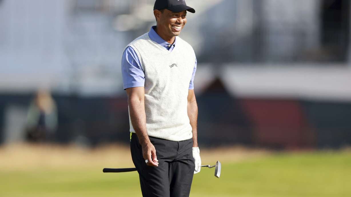 Tiger Woods during a practice round ahead of The Open at Royal Troon, South Ayrshire, Scotland, Monday, July 15, 2024.