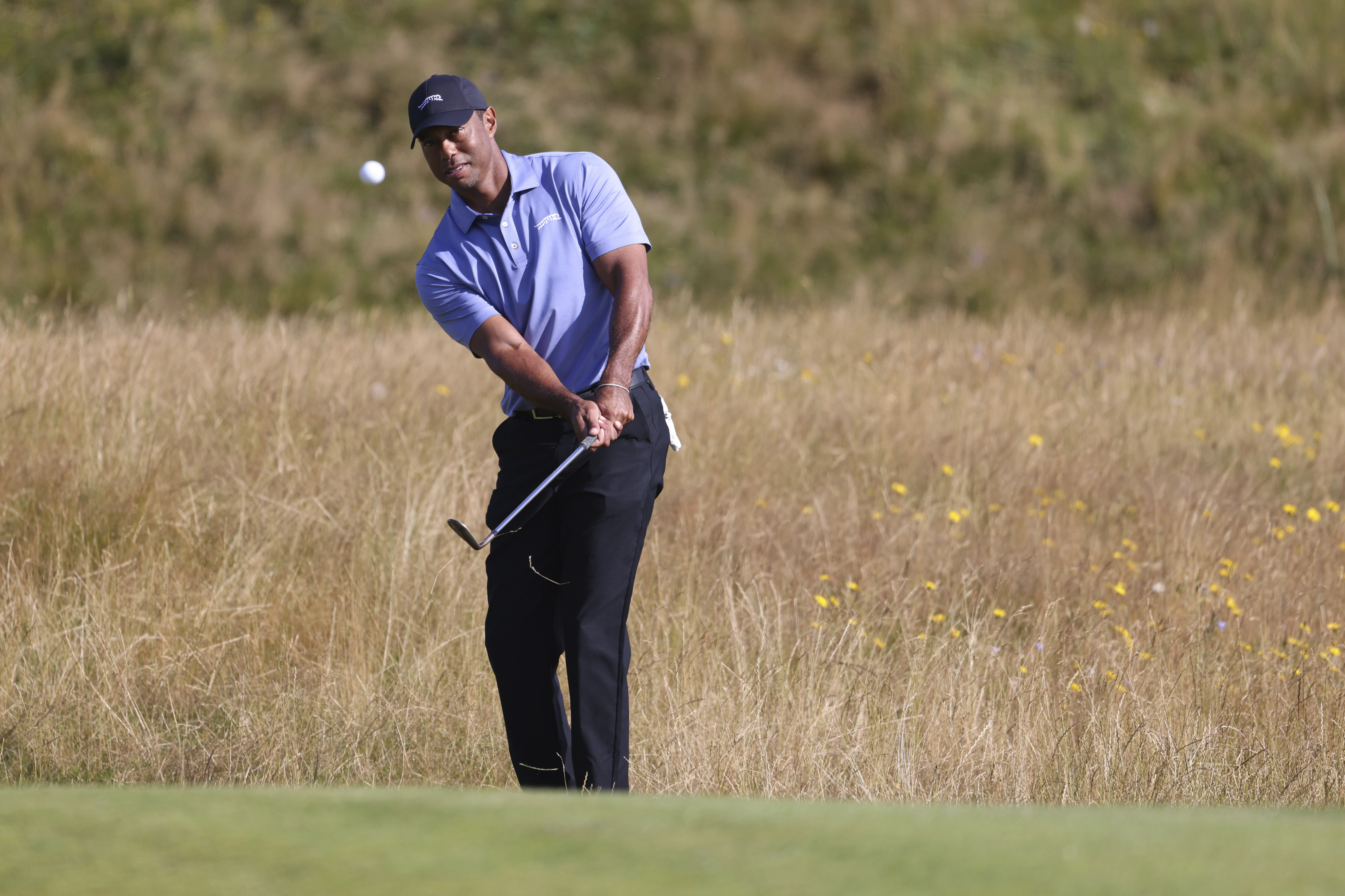 Tiger Woods of the United States chips onto the 6th green during a practice round for the British Open Golf Championships at Royal Troon golf club in Troon, Scotland, Monday, July 15, 2024.