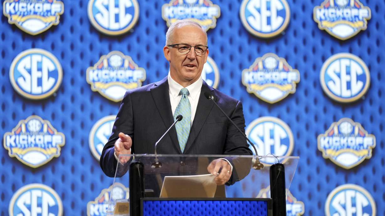 CORRECTS FIRST NAME TO GREG, NOT GEORGE AS ORIGINALLY SENT - Southeastern Conference commissioner Greg Sankey speaks during SEC NCAA college football media days Monday, July 15, 2024, in Dallas.