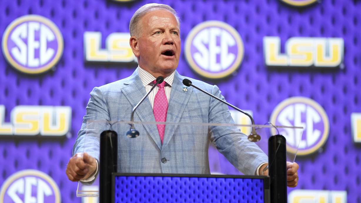 LSU head coach Brian Kelly speaks during Southeastern Conference NCAA college football media days Monday, July 15, 2024, in Dallas.