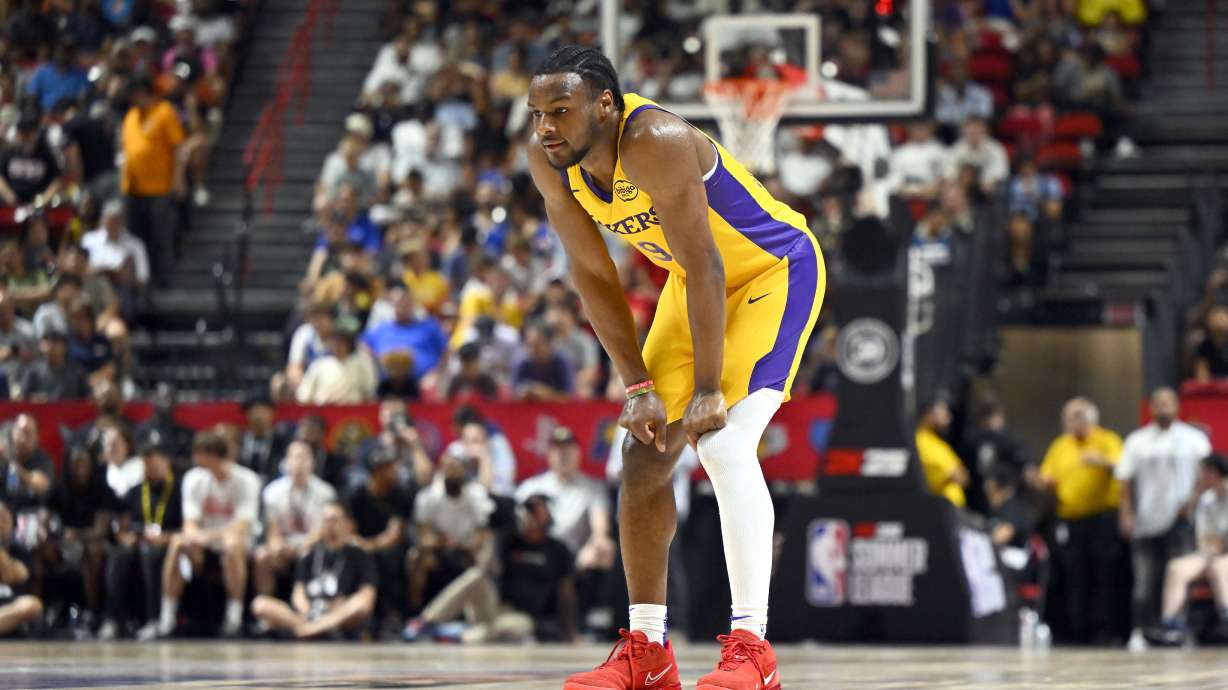 Los Angeles Laker guard Bronny James Jr. (9) looks on from midcourt during the second half of an NBA summer league basketball game against the Houston Rockets, Friday, July 12, 2024, in Las Vegas.