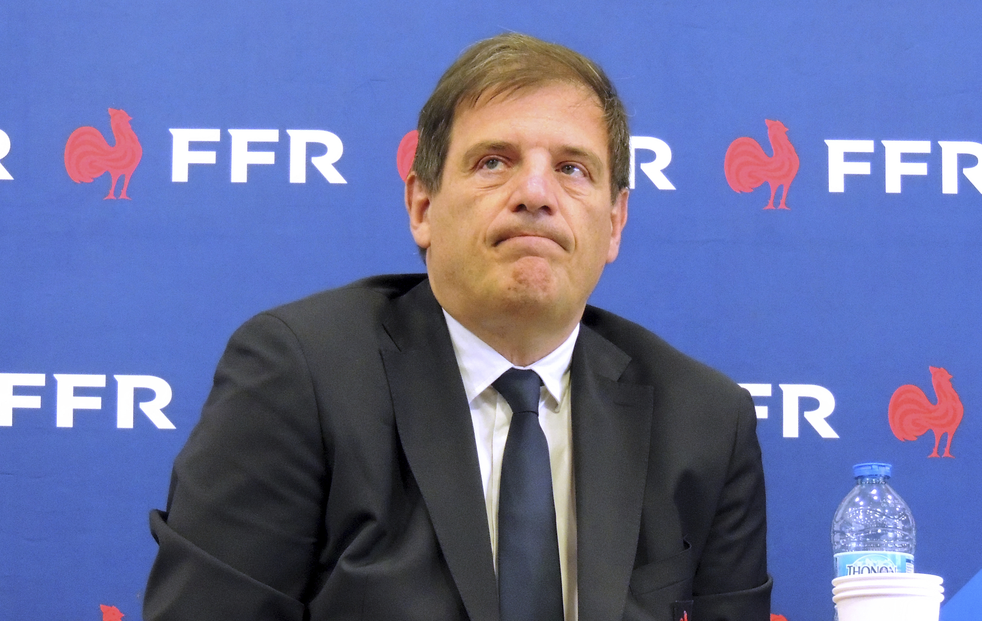Florian Grill, head of the French Rugby Federation (FFR), reacts during a press conference , Tuesday, July 16, 2024 in Paris. Florian Grill, addressed the two recent incidents involving the national rugby team before a test match against Argentina in Mendoza, about 1,000 kilometers west of Buenos Aires. 
