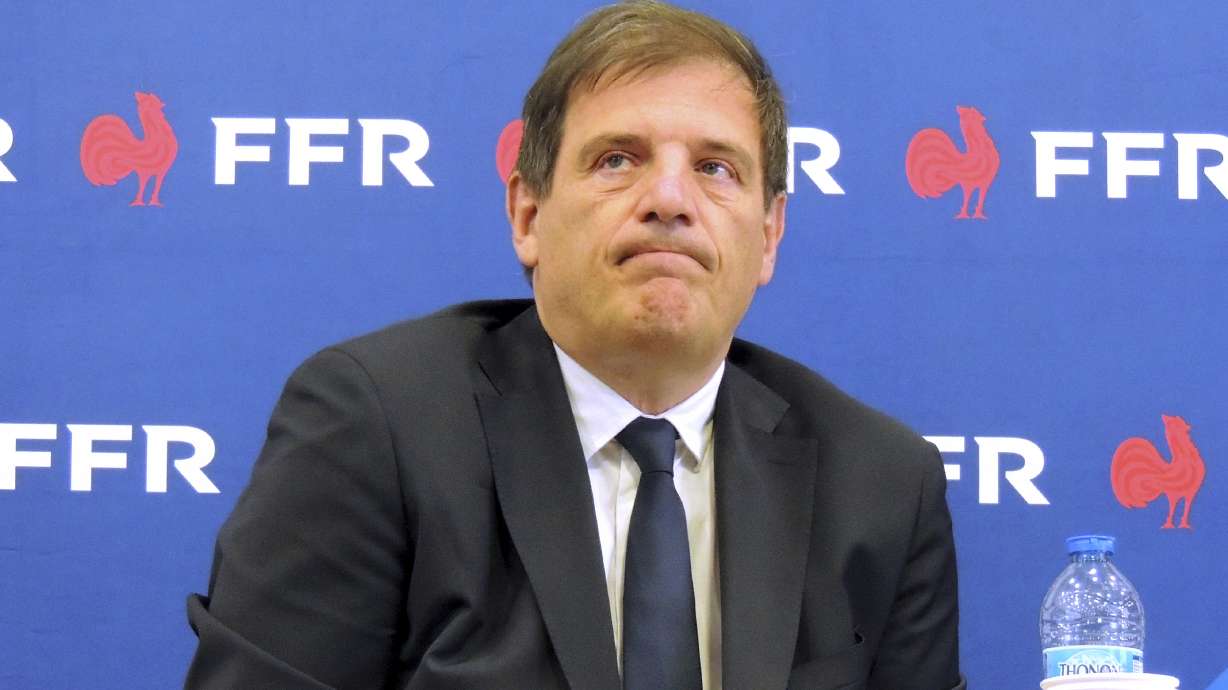 Florian Grill, head of the French Rugby Federation (FFR), reacts during a press conference , Tuesday, July 16, 2024 in Paris. Florian Grill, addressed the two recent incidents involving the national rugby team before a test match against Argentina in Mendoza, about 1,000 kilometers west of Buenos Aires.