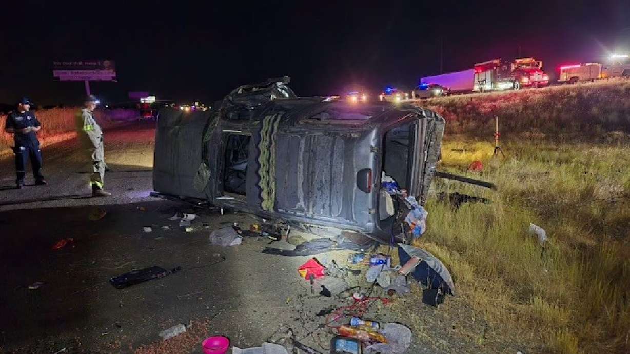 Two people were hurt when this SUV rolled off I-15 near Perry on Tuesday.