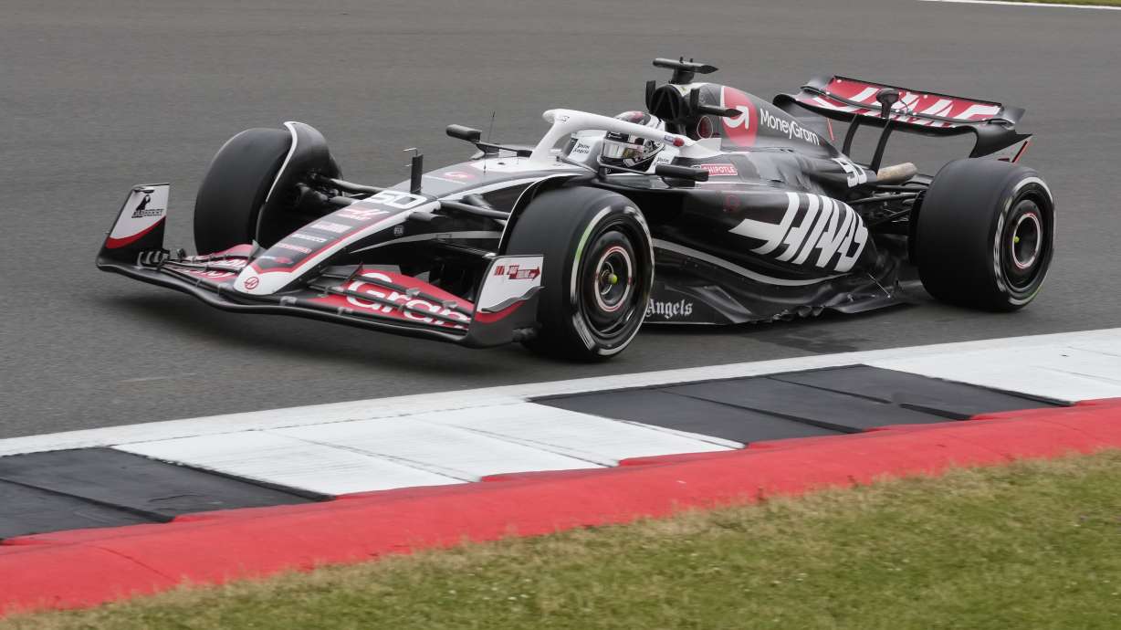 FILE - Haas driver Oliver Bearman of Britain steers his car during the first free practice at the Silverstone racetrack, Silverstone, England, Friday, July 5, 2024. The Haas Formula 1 team has extended its partnership with engine provider Ferrari until the end of the 2028 season. They began working together in F1 in 2016.