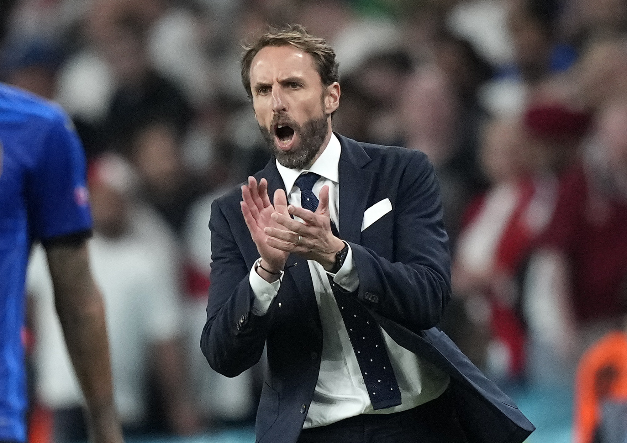 FILE - England's manager Gareth Southgate reacts during the Euro 2020 soccer championship final between England and Italy at Wembley stadium in London, on July 11, 2021. Gareth Southgate will step down as England manager after eight years in charge, he said on Tuesday, July 16, 2024. 
