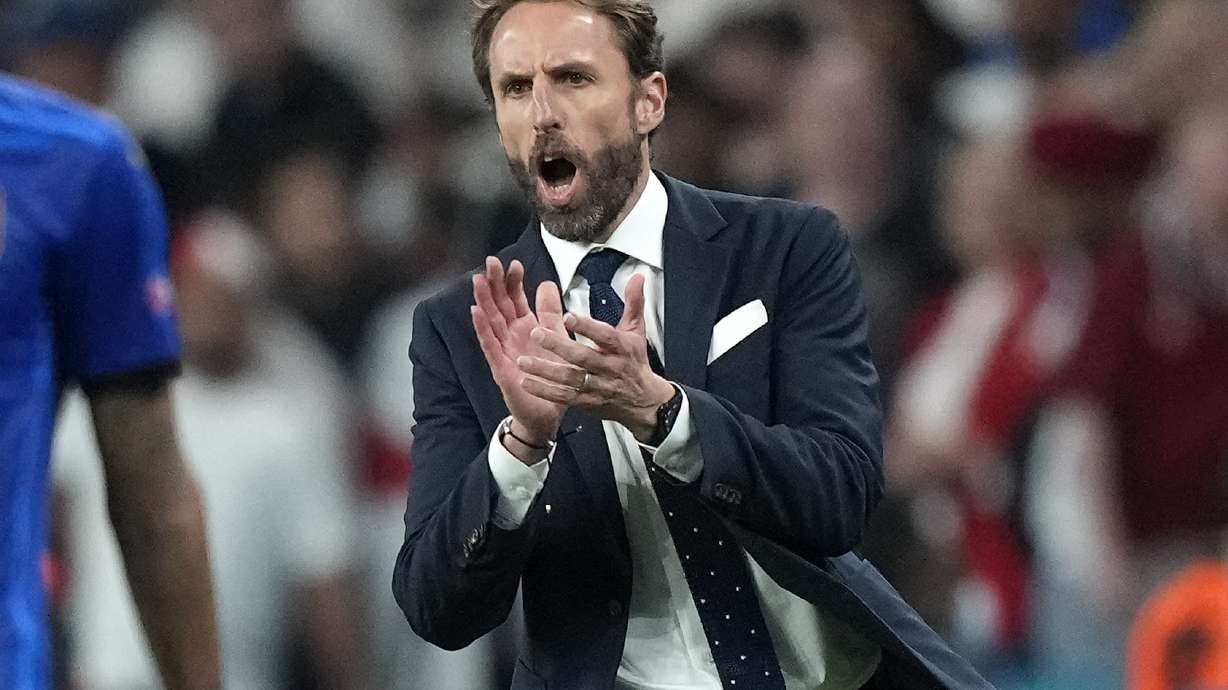 FILE - England's manager Gareth Southgate reacts during the Euro 2020 soccer championship final between England and Italy at Wembley stadium in London, on July 11, 2021. Gareth Southgate will step down as England manager after eight years in charge, he said on Tuesday, July 16, 2024.