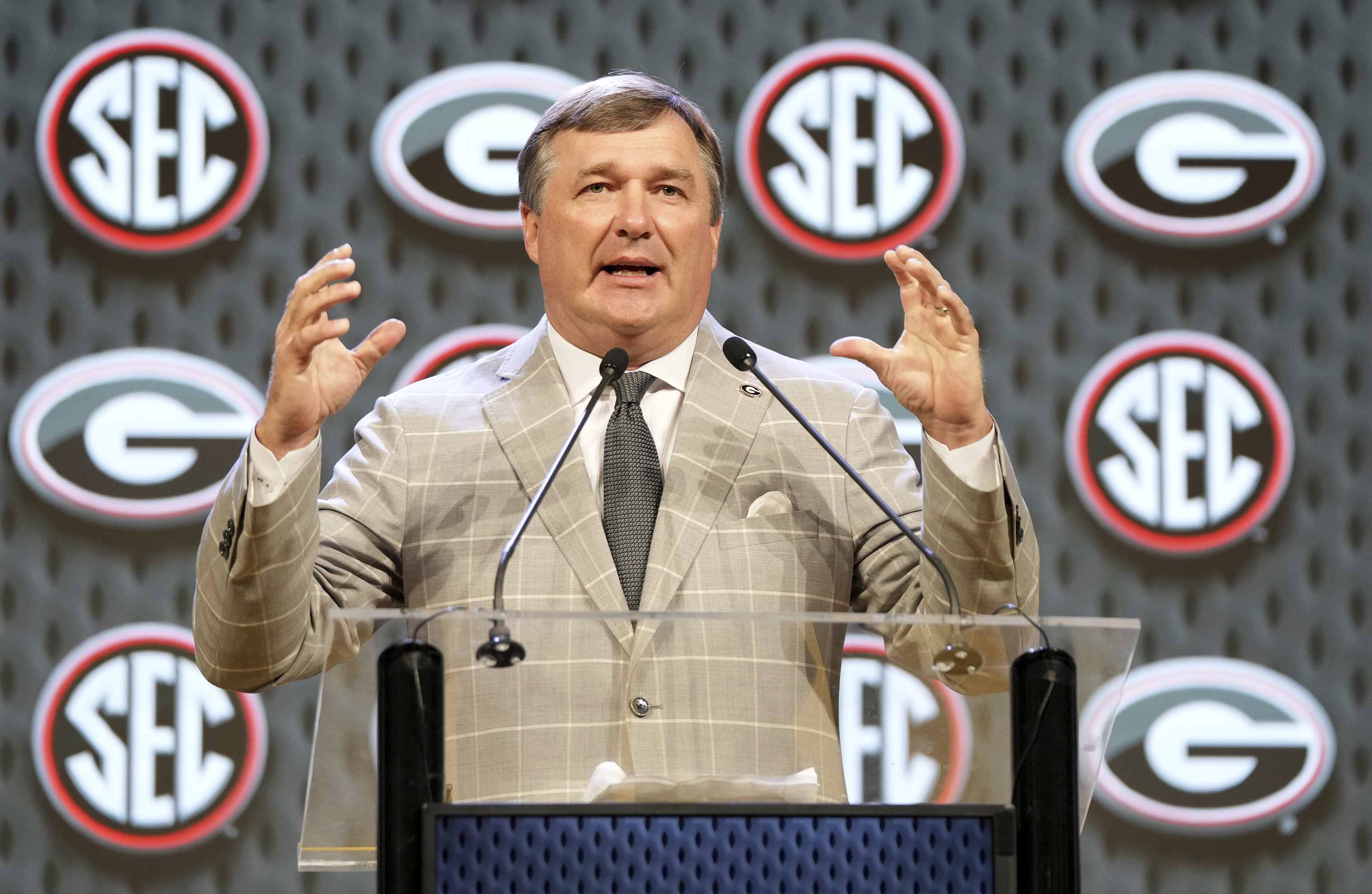 Georgia head coach Kirby Smart speaks during Southeastern Conference NCAA college football media days Tuesday, July 16, 2024, in Dallas. 