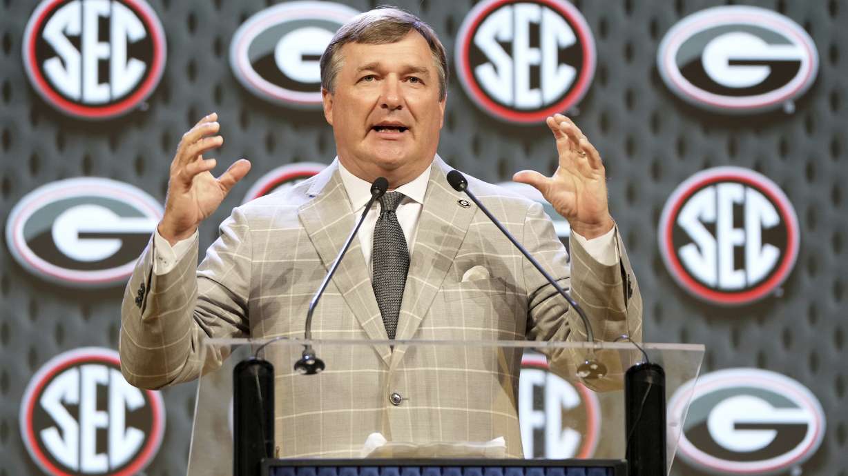 Georgia head coach Kirby Smart speaks during Southeastern Conference NCAA college football media days Tuesday, July 16, 2024, in Dallas.