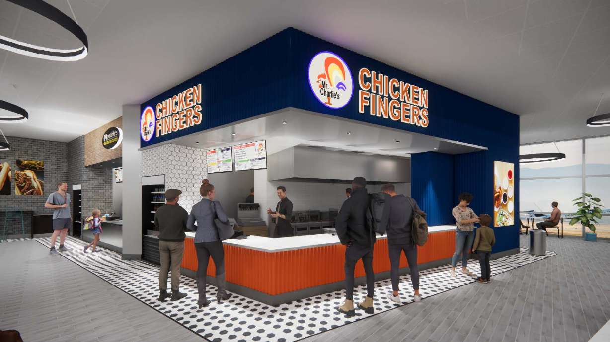 A rendering of what a Mr. Charlie's Chicken Fingers may look like at Salt Lake City International Airport. The Salt Lake County-based fast food restaurant is one of 12 new concession stands scheduled to open in the airport by the end of 2026.