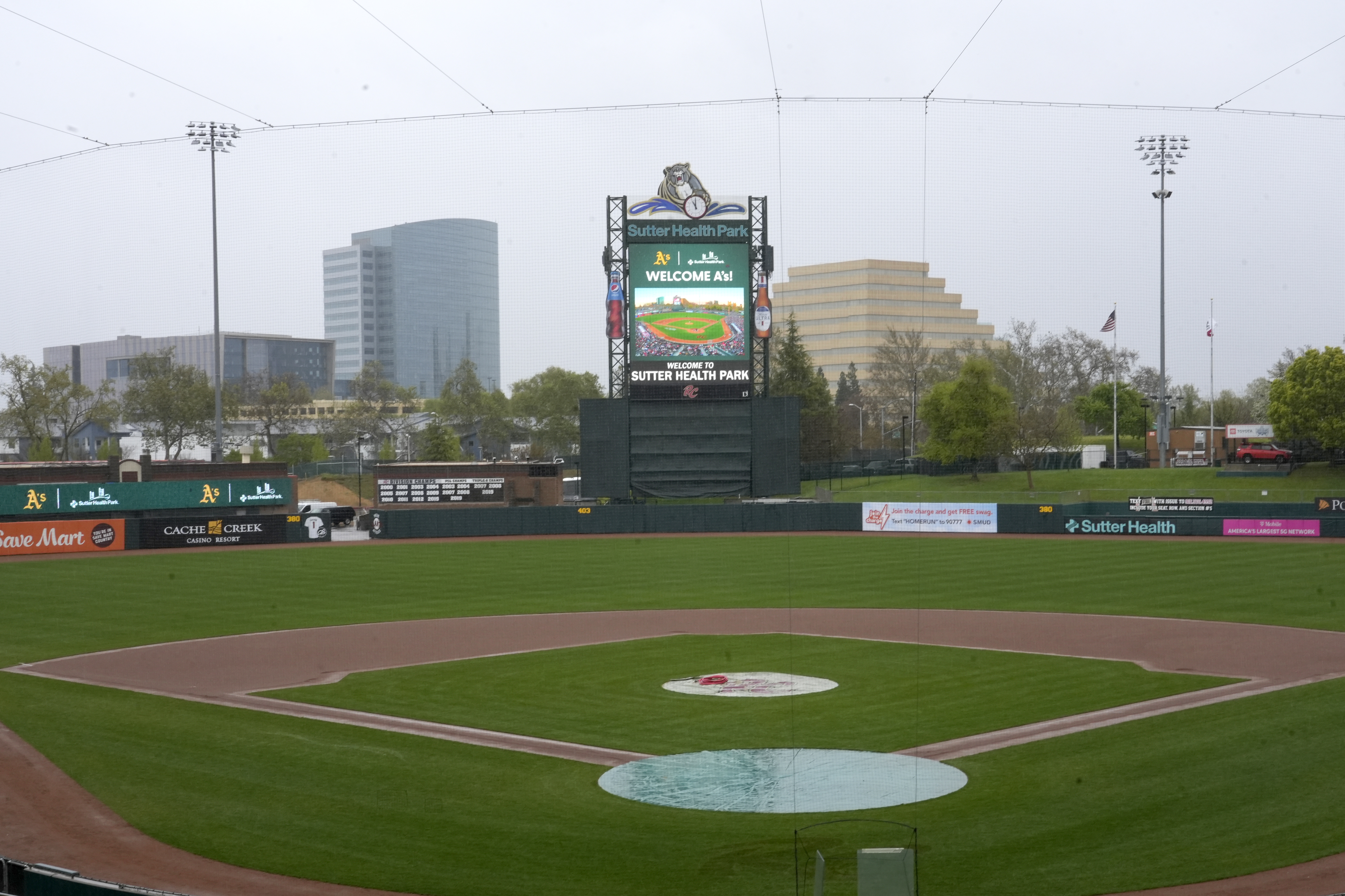 FILE - Sutter Health Park is shown in West Sacramento, Calif., Thursday, April 4, 2024. The new artificial turf surface at the Oakland Athletics' temporary home in Sacramento, California, will have a hydration element because of summer heat at the open-air ballpark. “We think that’s the best that we can do in terms of playing surface in the heat.” baseball Commissioner Rob Manfred said Tuesday, July 16, 2024.