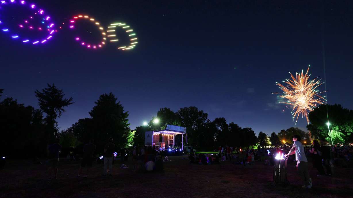 A drone show at Jordan Park in Salt Lake City on July 5. Salt Lake City is bringing back drone shows as a fun, safe and sustainable way to celebrate Pioneer Day, too.