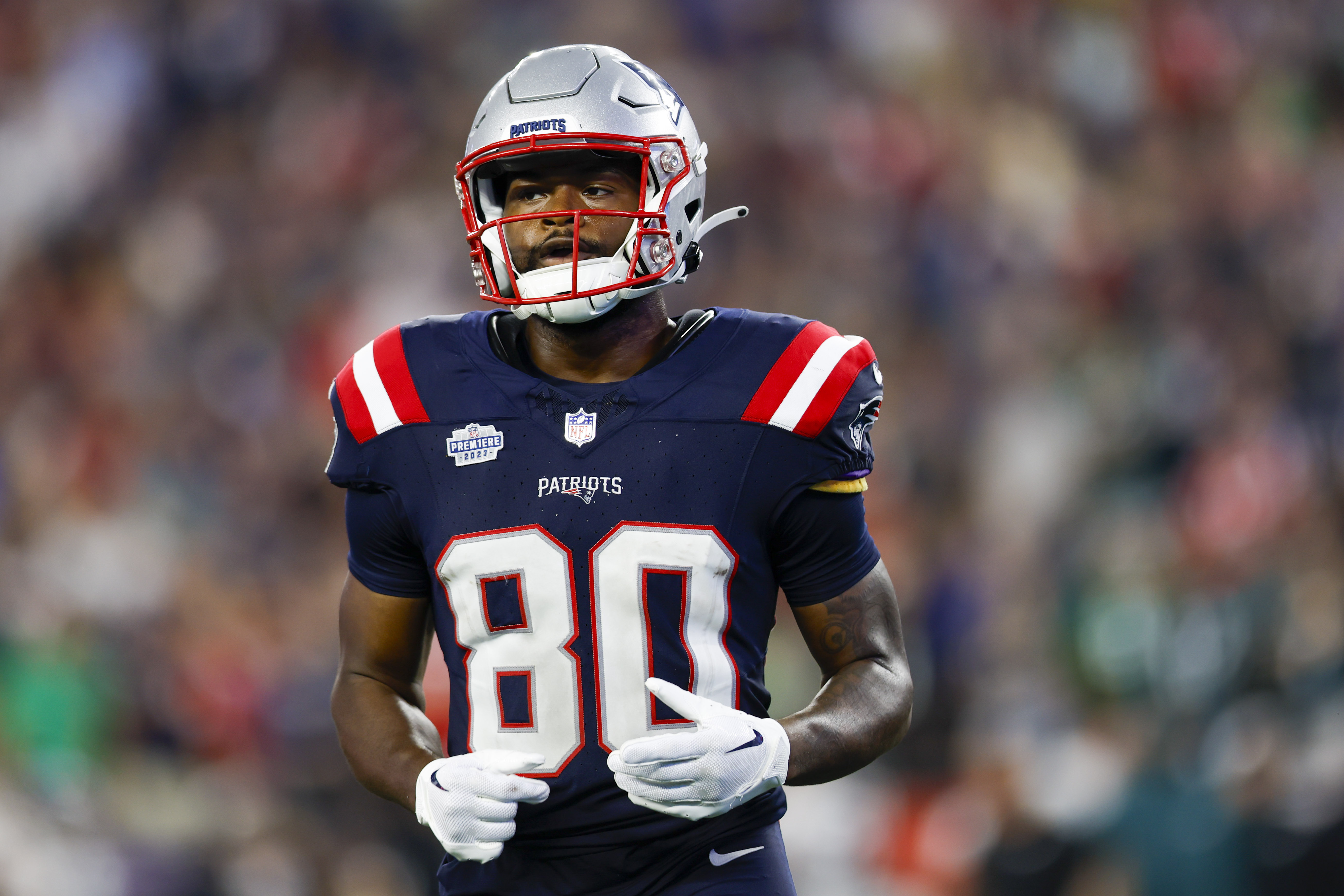 FILE - New England Patriots wide receiver Kayshon Boutte (80) reacts during the second half of an NFL football game against the Philadelphia Eagles, Sept. 10, 2023, in Foxborough, Mass. Boutte will not be prosecuted on charges related to illegal online gaming that police said took place while he was underage and still a college player at Louisiana State University, a prosecutor said Tuesday, July 16, 2024.