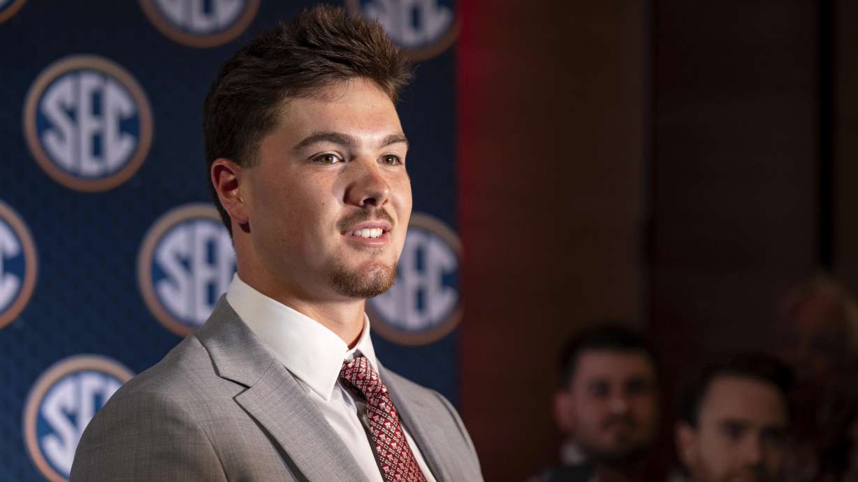 Oklahoma quarterback Jackson Arnold speaks during Southeastern Conference NCAA college football media days Tuesday, July 16, 2024, in Dallas.