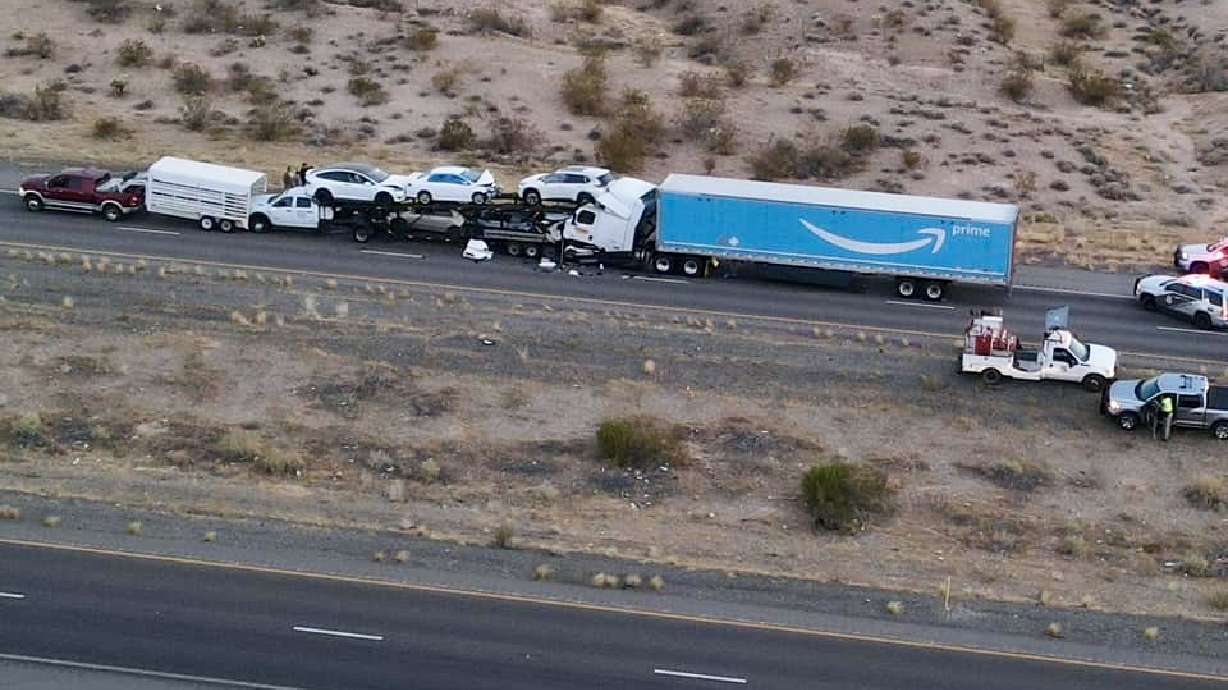 A crash involving multiple commercial vehicles results in a fatality, Littlefield, Arizona, Tuesday. The southbound lanes of Interstate 15 are open after two crashes on the Arizona-Nevada state line forced a closure early Tuesday morning.