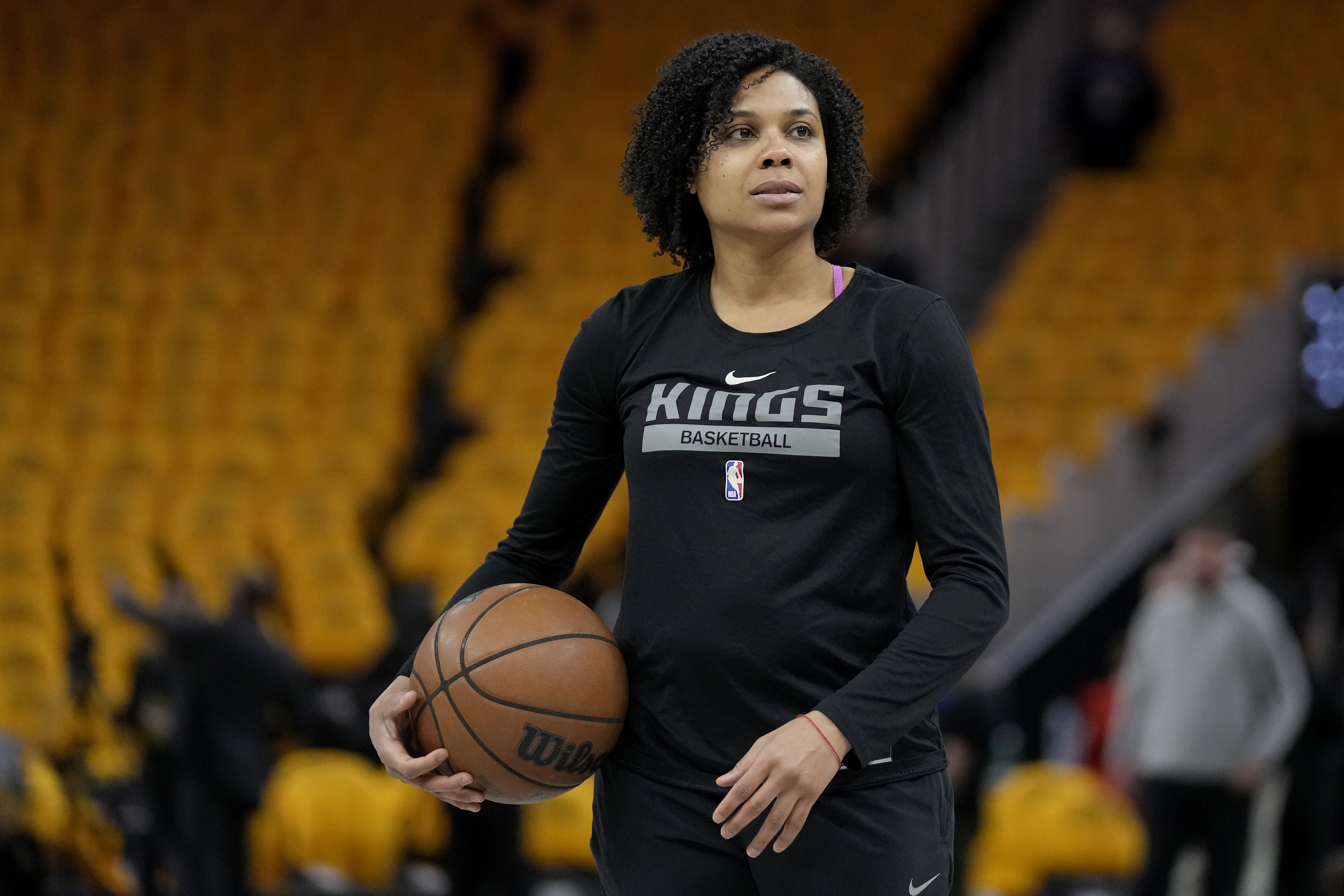 FILE - Sacramento Kings assistant coach Lindsey Harding before Game 3 in the first round of the NBA basketball playoffs between the Golden State Warriors and the Kings in San Francisco, Thursday, April 20, 2023. Harding is joining JJ Redick's coaching staff with the Los Angeles Lakers, a person with knowledge of the decision told The Associated Press on Tuesday, July 16, 2024. Harding and Redick have been close since both stars played at Duke over the a four-year span.