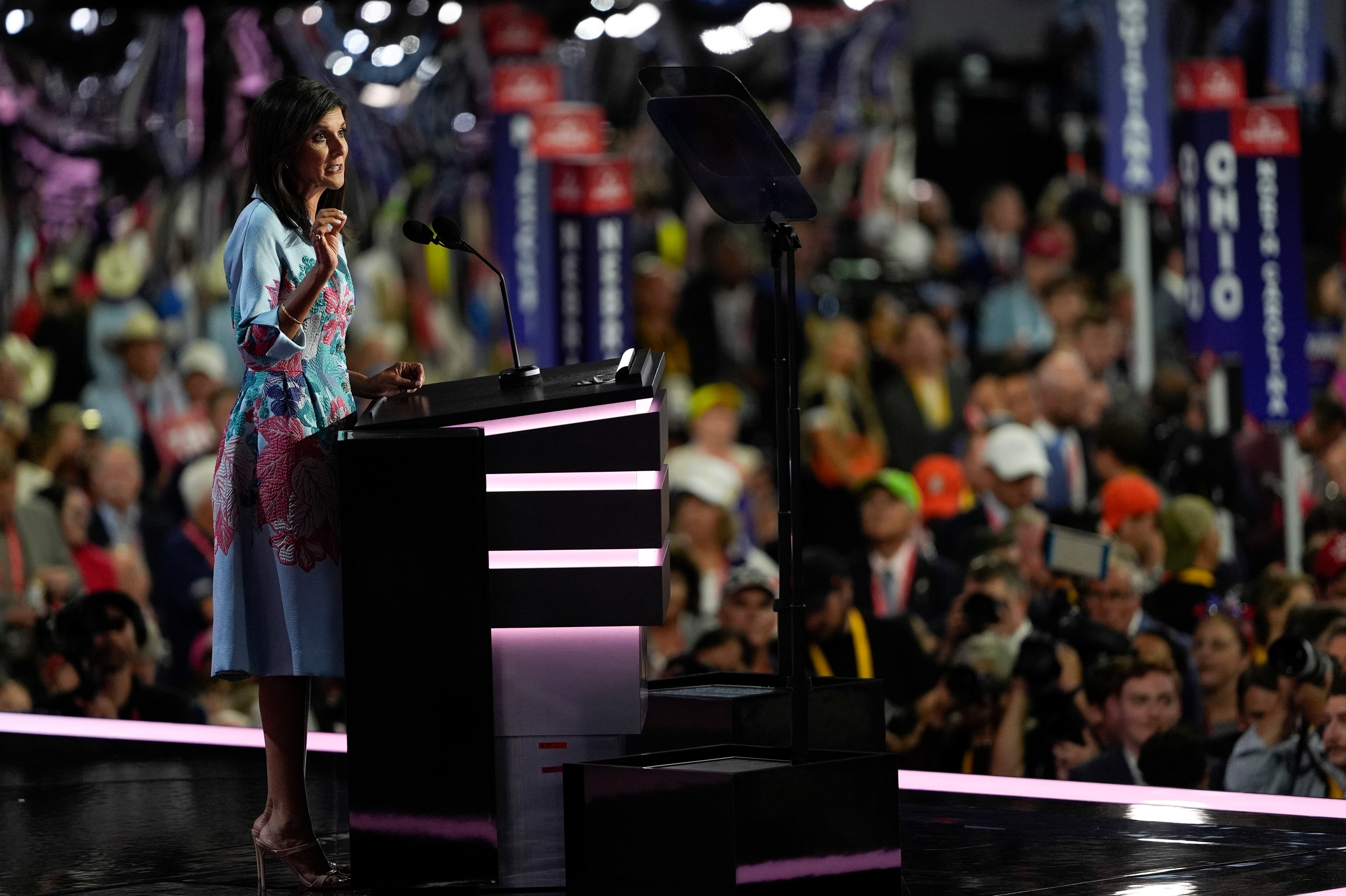Former U.N. Ambassador Nikki Haley speaks during the Republican National Convention Tuesday, in Milwaukee.