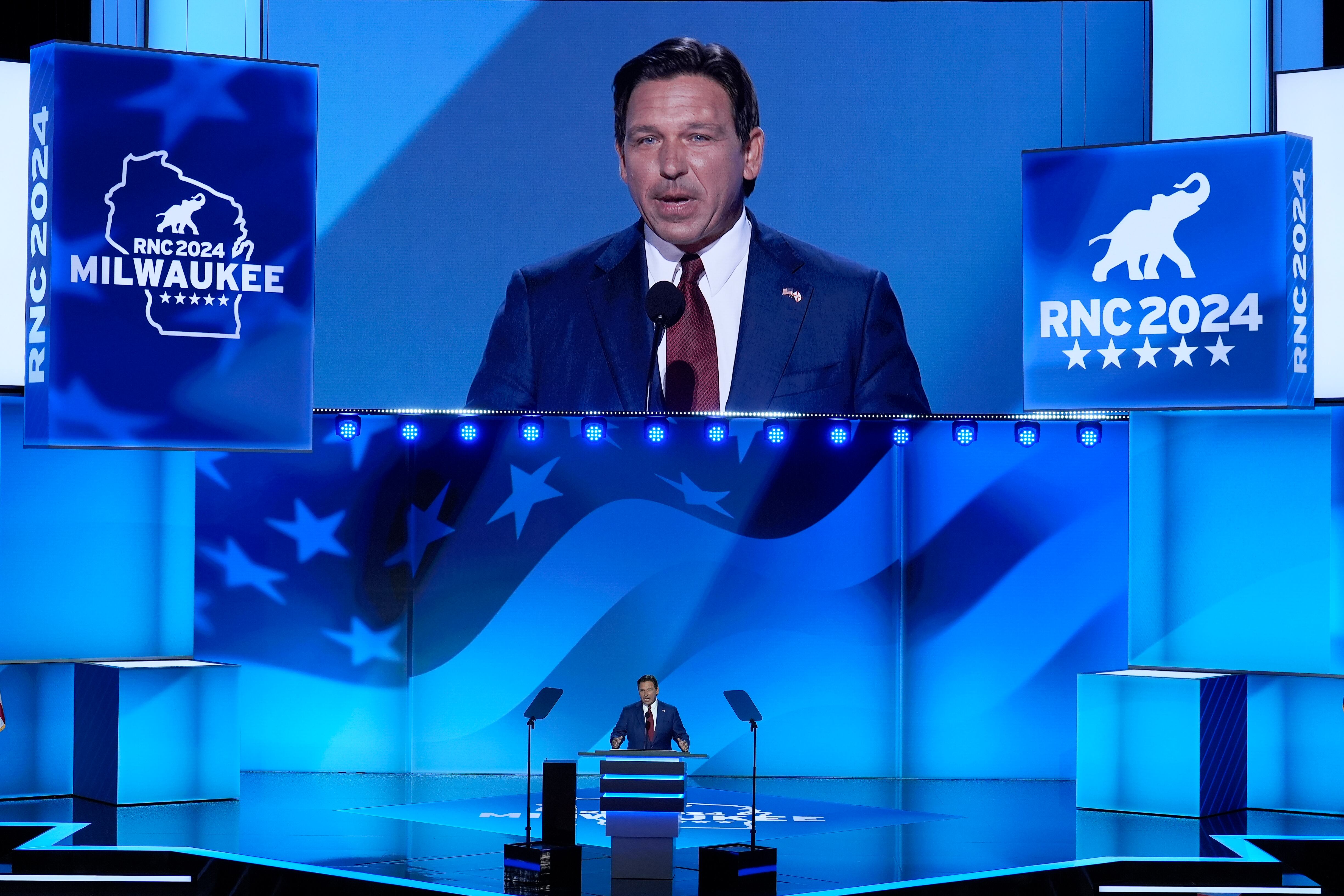 Florida Gov. Ron DeSantis speaks on the second day of the Republican National Convention on Tuesday, in Milwaukee.