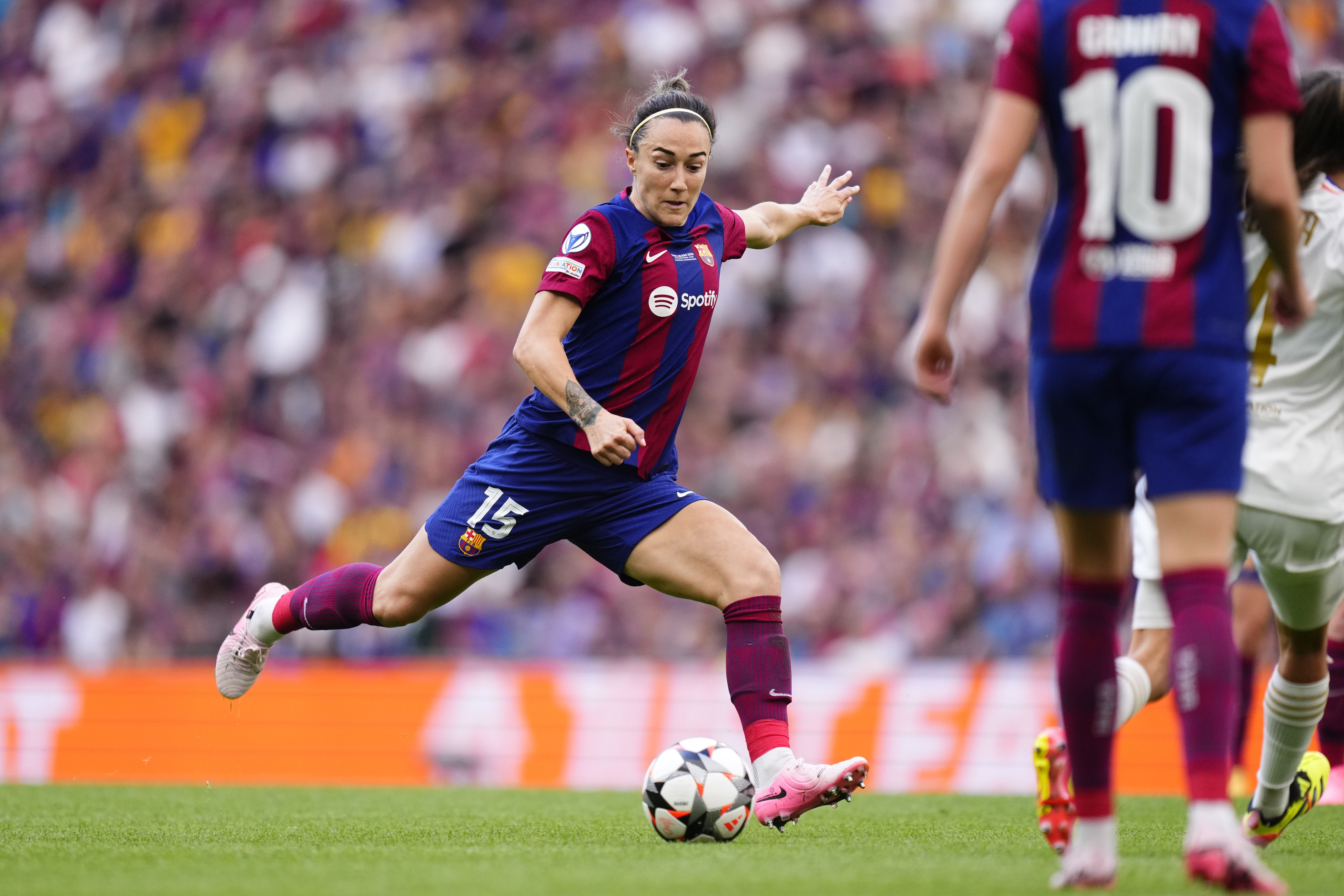 FILE - Barcelona's Lucy Bronze attempts a shot on the goal during the women's Champions League final soccer match between FC Barcelona and Olympique Lyonnais at the San Mames stadium in Bilbao, Spain, on May 25, 2024. Bronze joined Chelsea from Barcelona on Wednesday July 17, 2024 on a two-year deal.