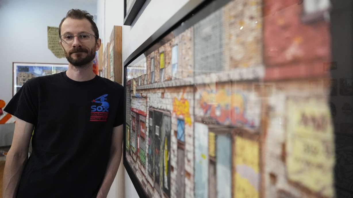 Zissou Tasseff-Elenkoff, the owner of All Star Press, poses for a photo at his gallery in Chicago, Thursday, June 27, 2024. Working with the local art gallery, the Chicago White Sox are rolling out 28 concert-style posters this season that were created by a total of 12 artists in Chicago and a couple more major league cities.