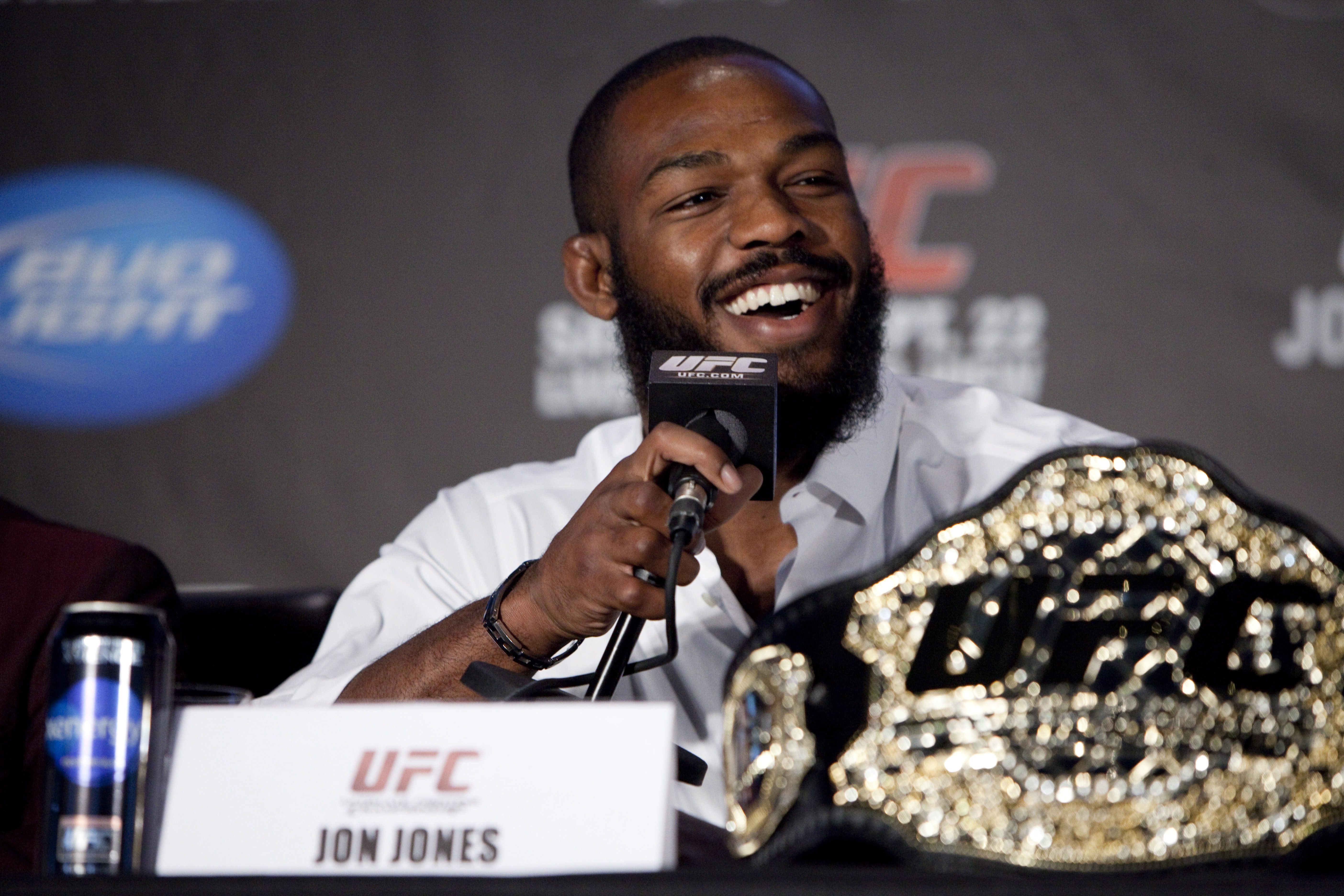 FILE - Jon Jones speaks during the UFC 152 pre-fight press conference at the Real Sports Bar and Grill in Toronto, Sept. 20, 2012. The UFC heavyweight champion is due in court Wednesday, July 17, 2024, to face a pair of misdemeanor charges that stem from a drug test at his New Mexico home in March in which he was accused of being hostile.