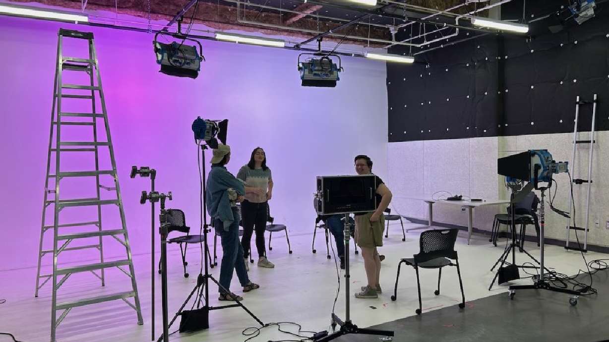 Film majors chat in one of the filming studios in Bristlecone Hall on the campus of Southern Utah University in Cedar City, July 9. SUU is set to graduate its first students earning a bachelor's degree in filmmaking in 2024.
