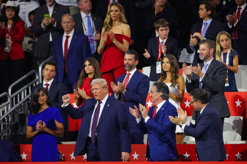 Republican presidential nominee and former President Donald Trump raises his fist on Day 3 of the Republican National Convention, at the Fiserv Forum in Milwaukee, Wisconsin, Wednesday.