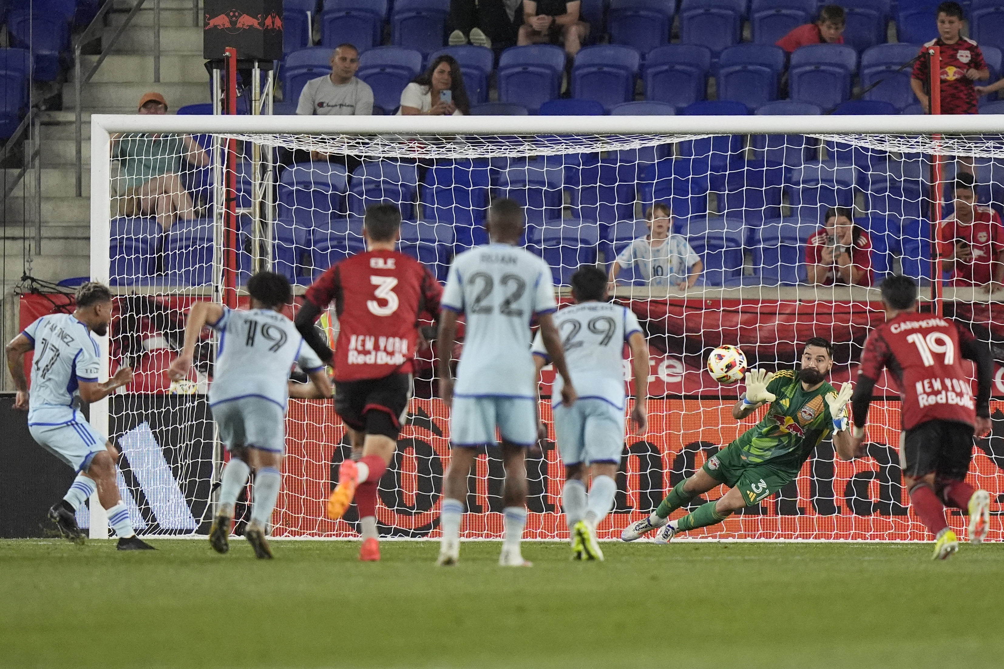 CF Montréal's Josef Martínez (17) scores on New York Red Bulls goalkeeper Carlos Miguel Coronel (31) during the second half of an MLS soccer match Wednesday, July 17, 2024, in Harrison, N.J. 