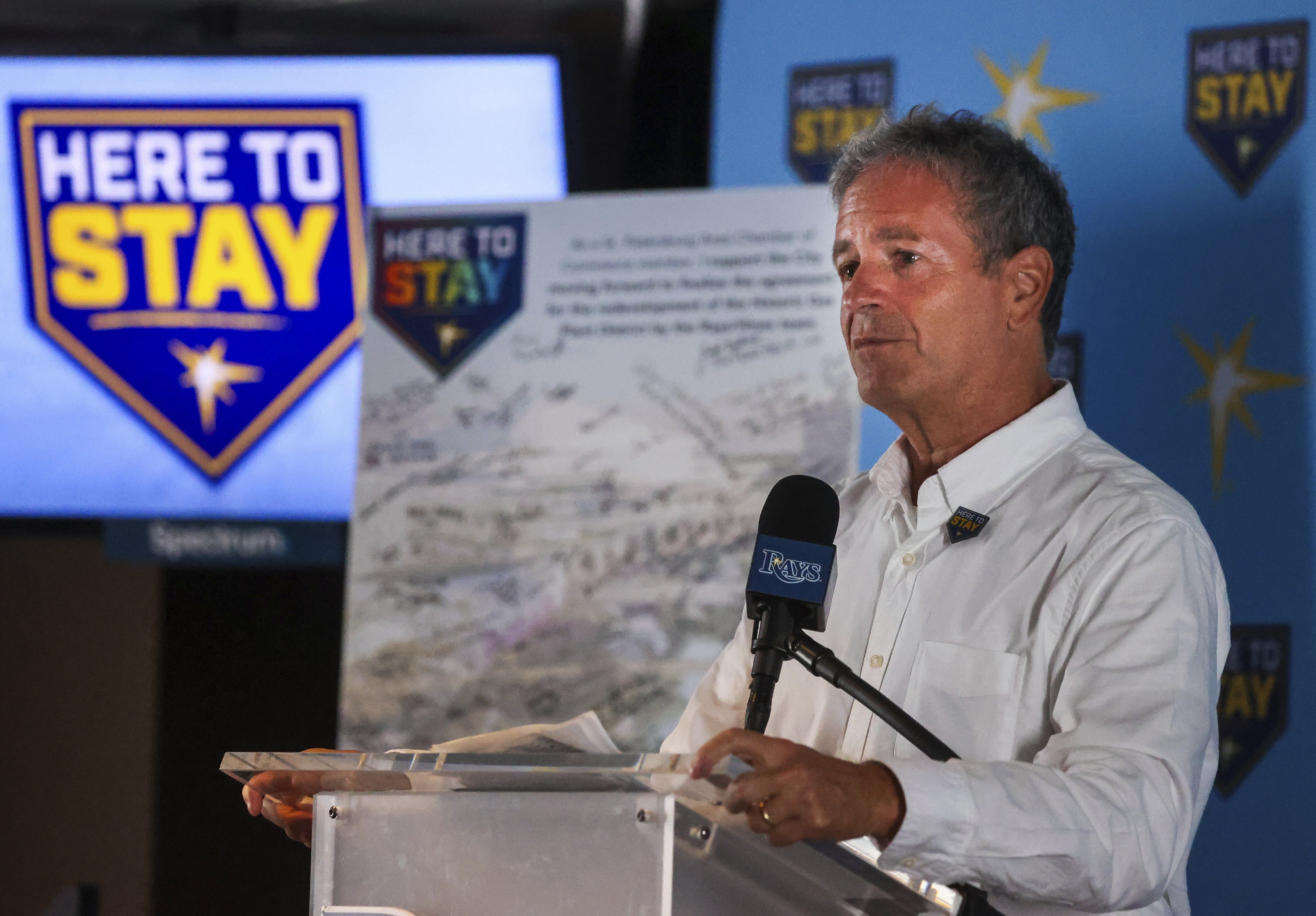 Tampa Bay Rays owner Stuart Sternberg addresses the audience during a Rays press conference in the Baldwin Group Club at Tropicana Field , Wednesday, July 17, 2024, in St. Petersburg, Fla. 