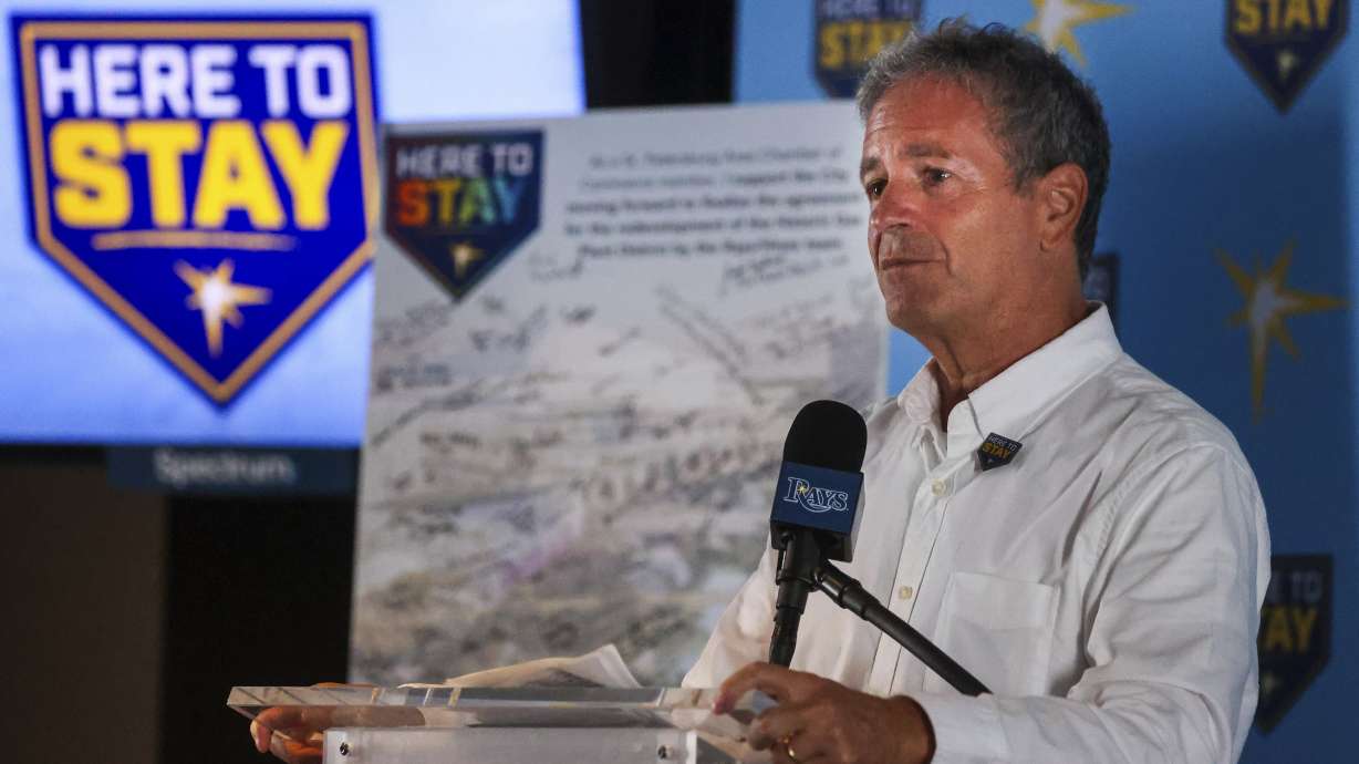 Tampa Bay Rays owner Stuart Sternberg addresses the audience during a Rays press conference in the Baldwin Group Club at Tropicana Field , Wednesday, July 17, 2024, in St. Petersburg, Fla.