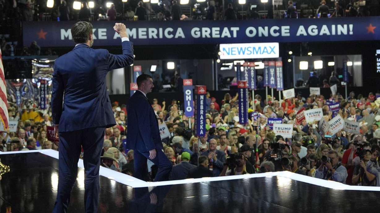 Republican vice presidential candidate Sen. JD Vance, R-Ohio, gestures to the crowd after speaking at the 2024 Republican National Convention at the Fiserv Forum, Wednesday in Milwaukee.