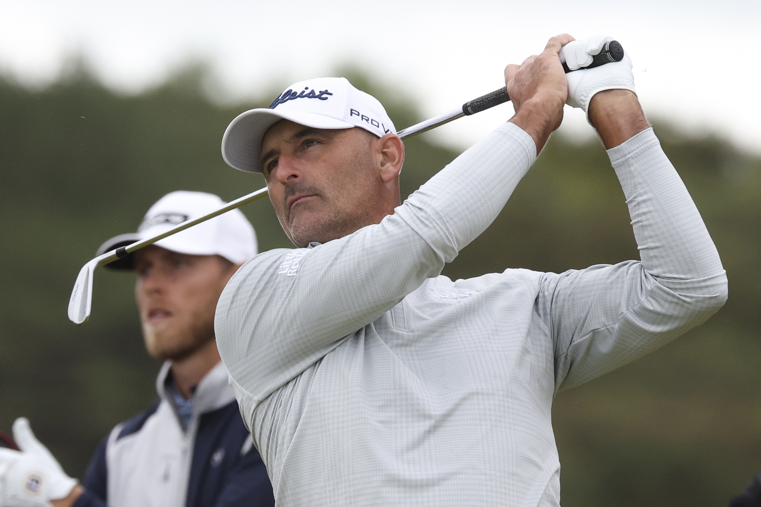 Michael Hendry of New Zealand watches his tee shot on the 14th tee during his opening round of the British Open Golf Championships at Royal Troon golf club in Troon, Scotland, Thursday, July 18, 2024.