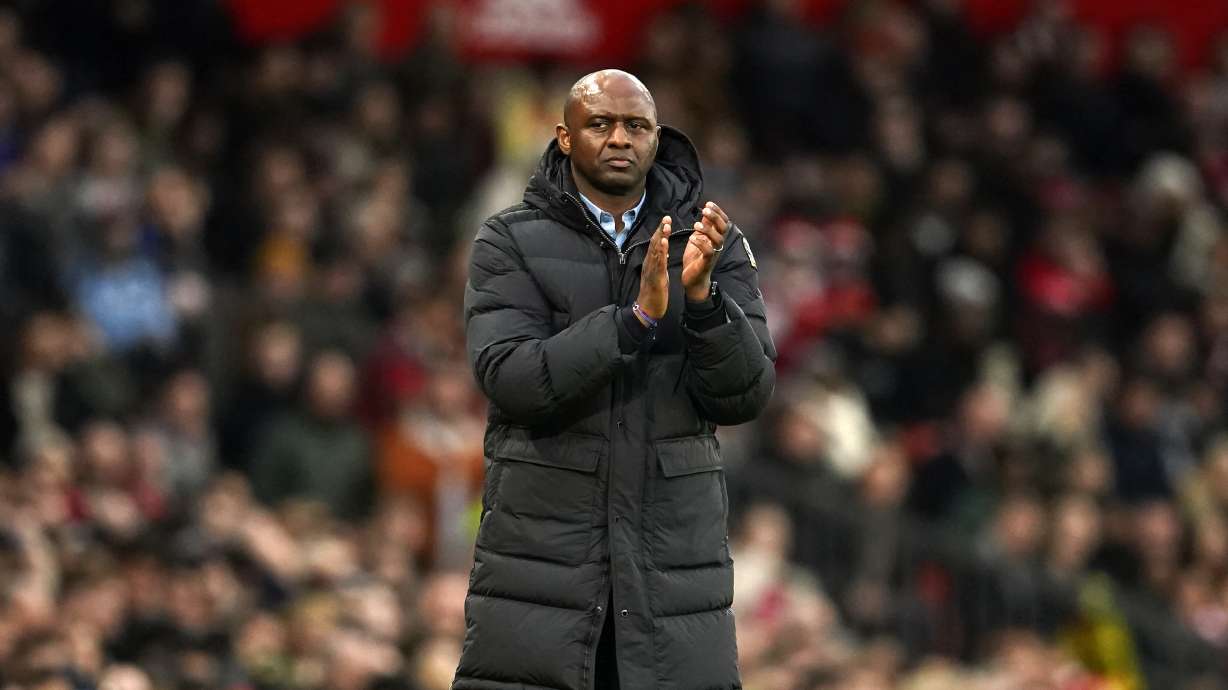 FILE - Then-Crystal Palace's head coach Patrick Vieira applauds during the English Premier League soccer match between Manchester United and Crystal Palace, at the Old Trafford stadium in Manchester, England, Saturday, Feb. 4, 2023. France soccer great Patrick Vieira was out as coach of United States-owned top-tier club Strasbourg on Thursday, July 18, 2024, just one month before the Ligue 1 season starts.