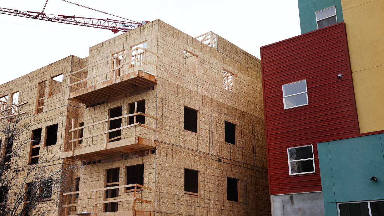 Construction of an apartment building in the Granary District in Salt Lake City progresses on March 9, 2022. Salt Lake City released a new area plan for transportation in the growing district.