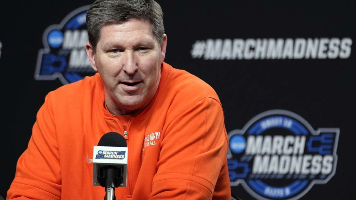 FILE - Clemson head coach Brad Brownell fields questions during a press conference, Wednesday, March 27, 2024, in Los Angeles, ahead of the team's Sweet Sixteen game in the NCAA college basketball tournament. Brownell received a new, five-year contract worth $20 million after leading the Tigers to the Elite Eight this past season.