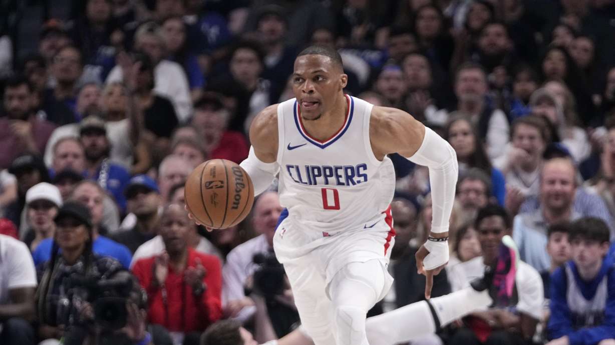 Los Angeles Clippers' Russell Westbrook works against the Dallas Mavericks during Game 2 of an NBA basketball first-round playoff series against the Dallas Mavericks in Dallas, Friday, April 26, 2024.