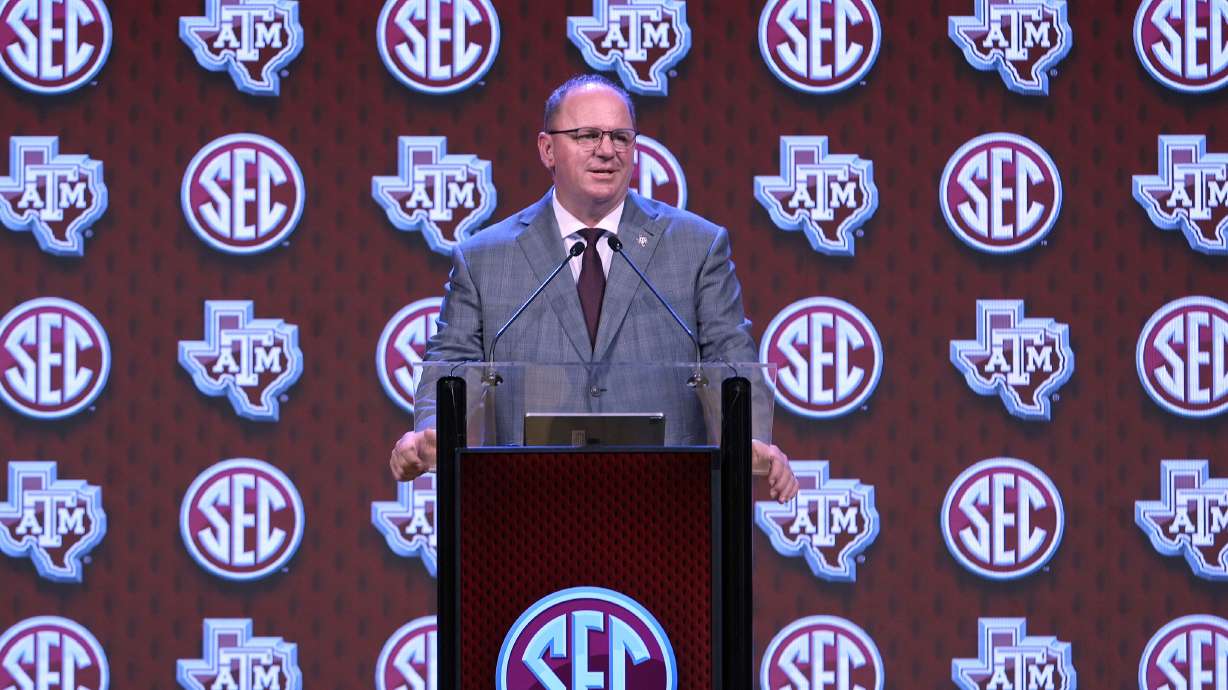 Texas A&M head coach Mike Elko speaks during Southeastern Conference NCAA college football media days, Thursday, July 18, 2024, in Dallas.