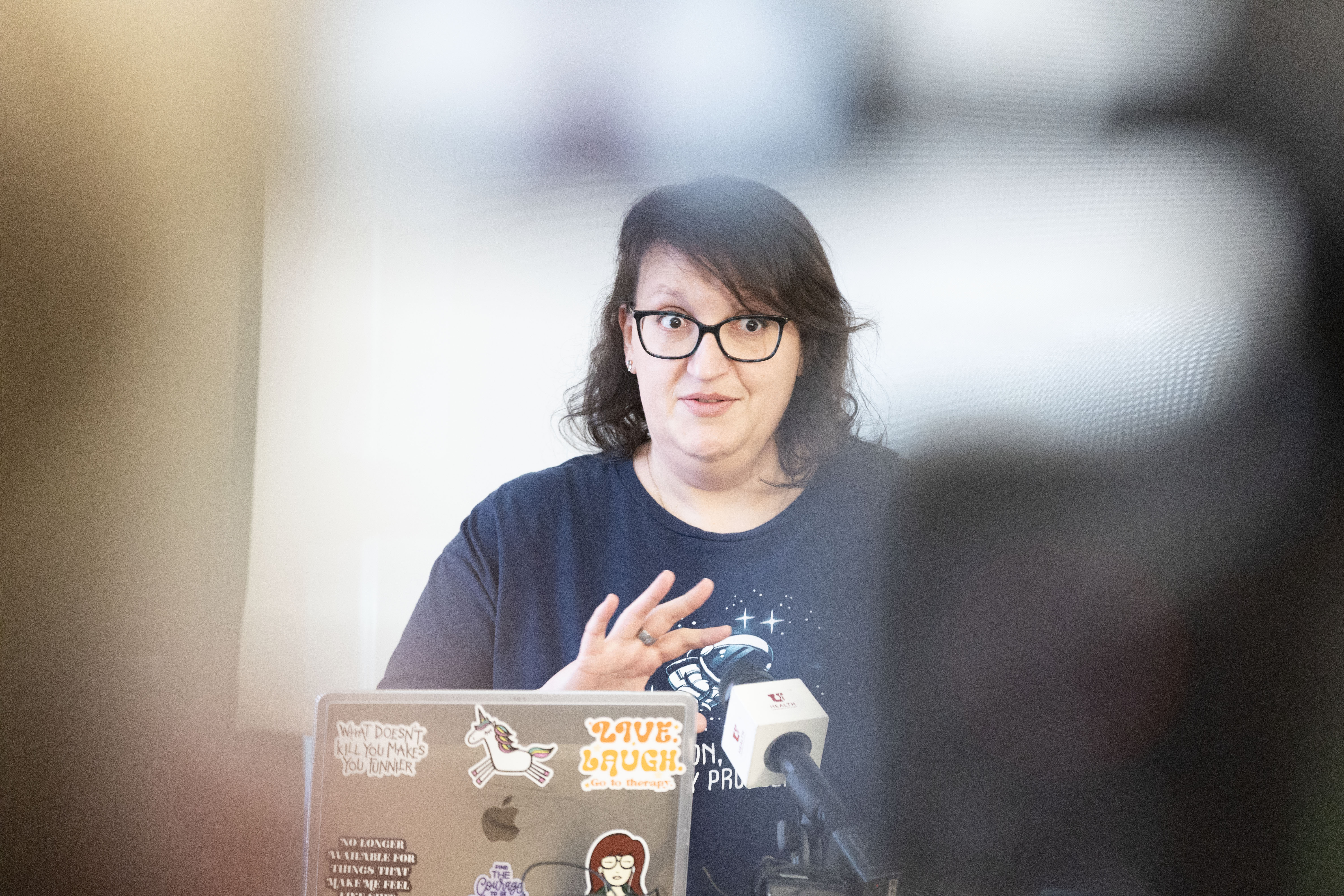 Crystal Pederson, a Long COVID Clinic Patient at the University of Utah Hospital, talks about her symptoms and treatments during a press conference in Salt Lake City on Thursday.