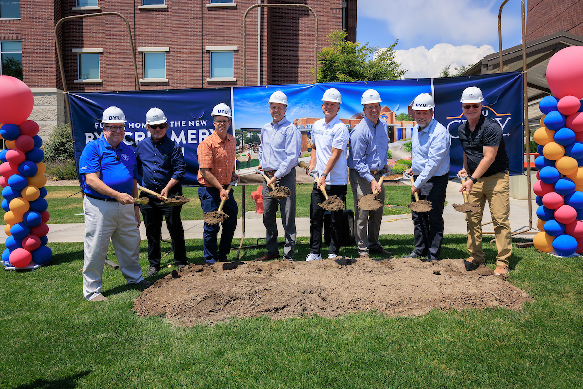 A team breaks ground on the new location of the Brigham Young University Creamery on Ninth. The old building will be torn down.