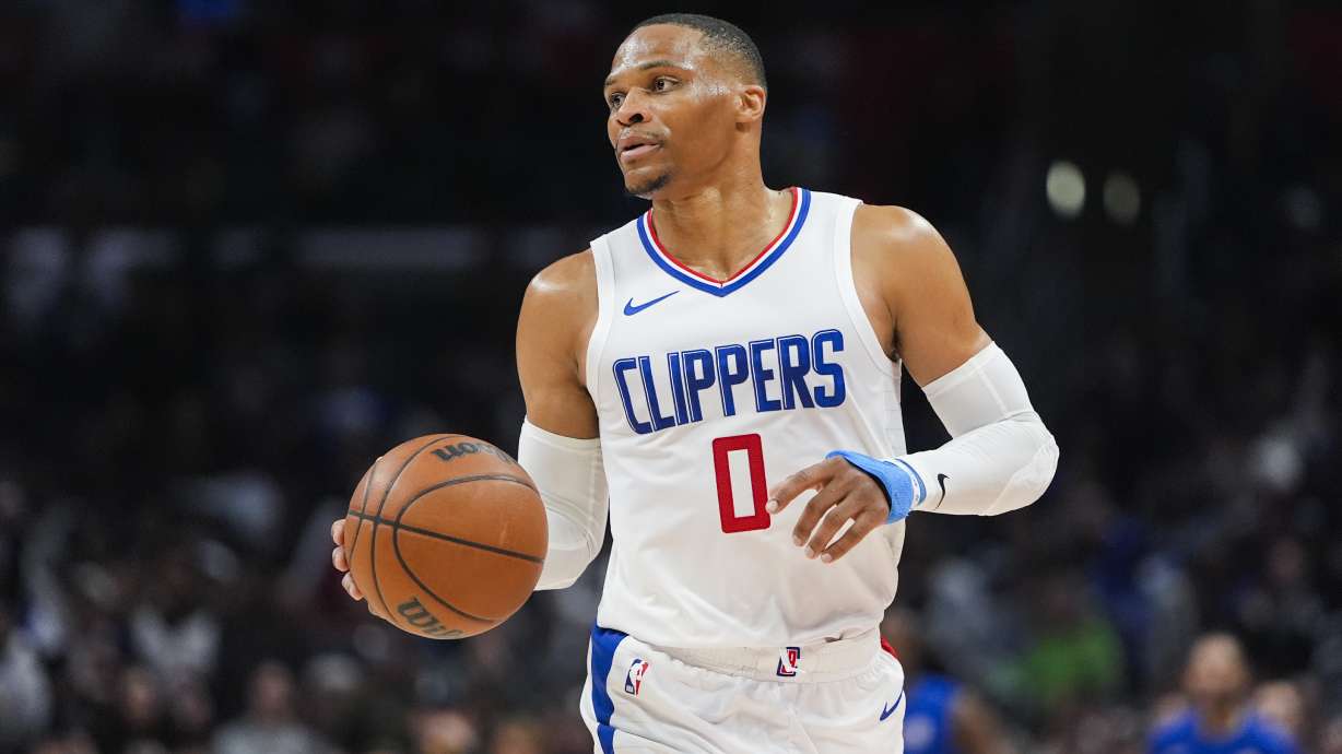 FILE - Los Angeles Clippers guard Russell Westbrook moves up the court during the second half of an NBA basketball game against the Cleveland Cavaliers, April 7, 2024, in Los Angeles.