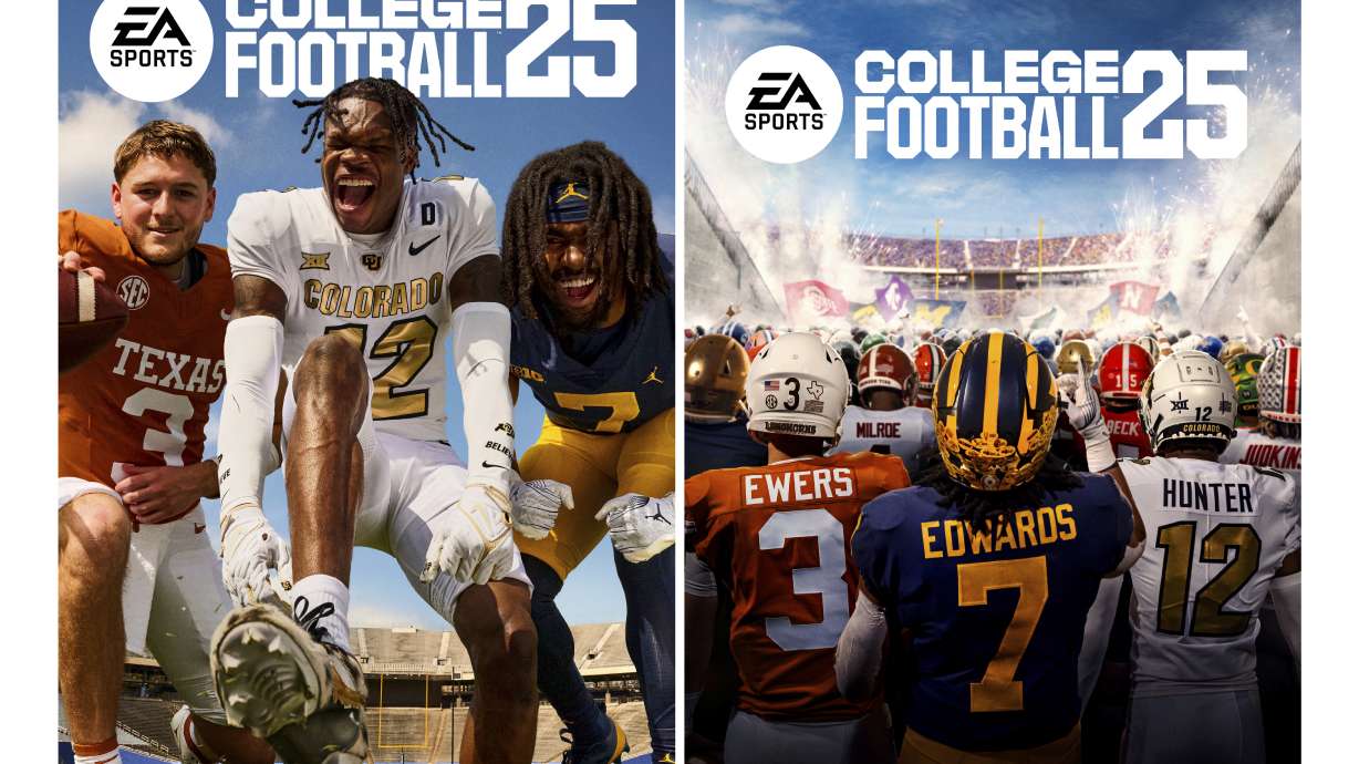 FILE - This combo of images provided by EA Sports, shows the video game covers for the new standard edition College Football 25, left, and Deluxe Edition College Football 25, featuring Texas' Quinn Ewers, Colorado's Travis Hunter, and Michigan's Donovan Edwards. EA Sports College Football 25, among the most highly anticipated sports video games of all time, has flooded the market as gamers who waited more than a decade for the franchise's next installment rush to play it.