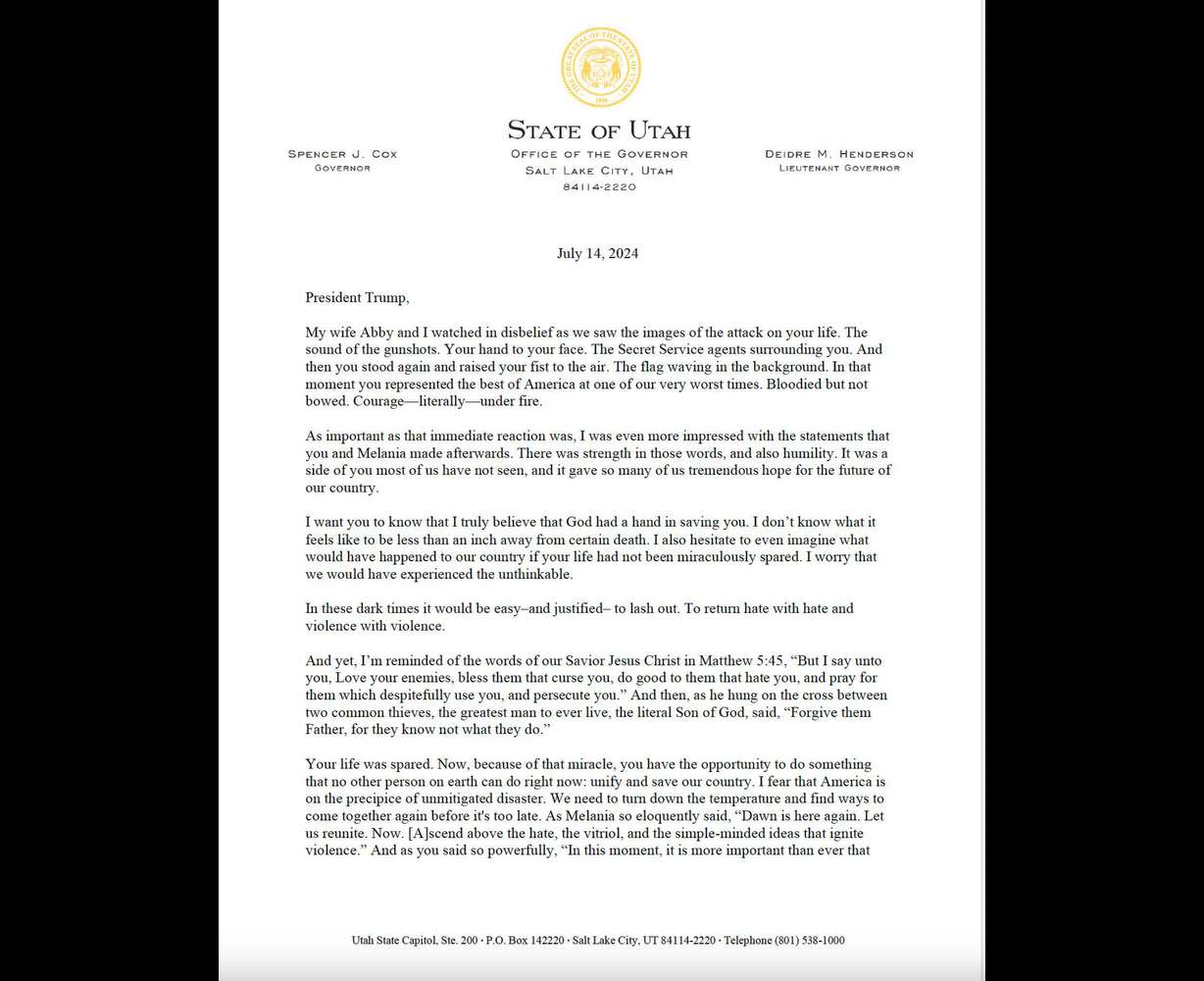Letter from Utah Gov. Spencer Cox to former President Donald Trump dated July 14, 2024.