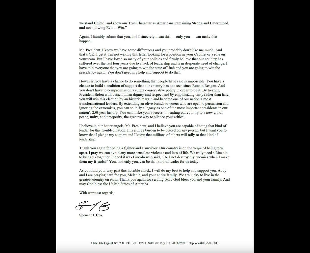 Letter from Utah Gov. Spencer Cox to former President Donald Trump dated July 14, 2024.