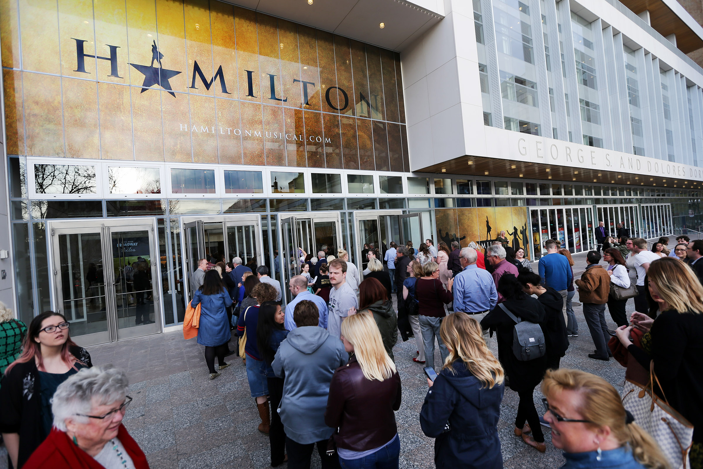 People line up to see "Hamilton" at the George S. and Dolores Doré Eccles Theater in Salt Lake City on April 11, 2018. A lottery for its third Utah run — July 31 through Sept. 1 — opened on Friday.