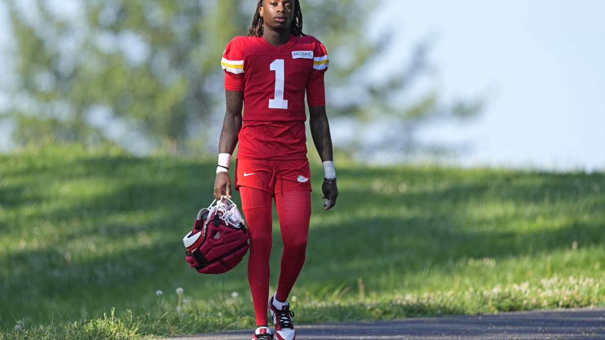 Kansas City Chiefs wide receiver Xavier Worthy walks to practice during NFL football training camp Thursday, July 18, 2024, in St. Joseph, Mo.