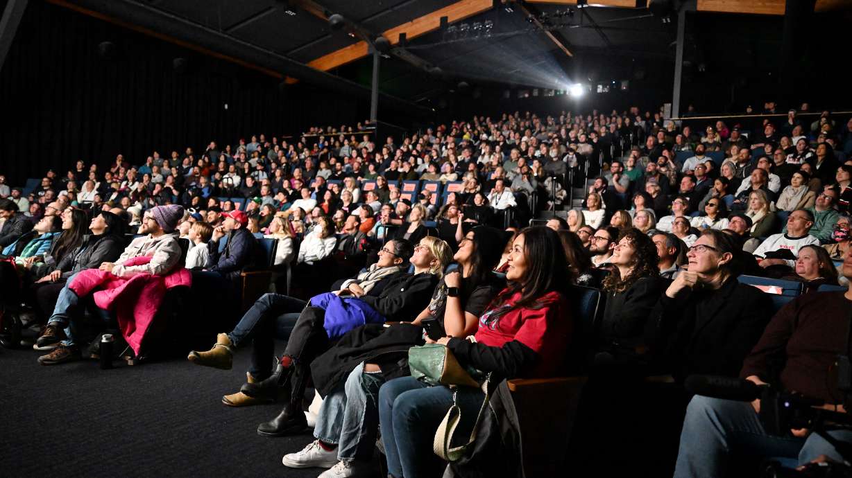 The audience watches the last few minutes of the movie "Napoleon Dynamite" at Sundance in Park City for a special 20th anniversary showing at the Ray Theatre on Jan. 24.