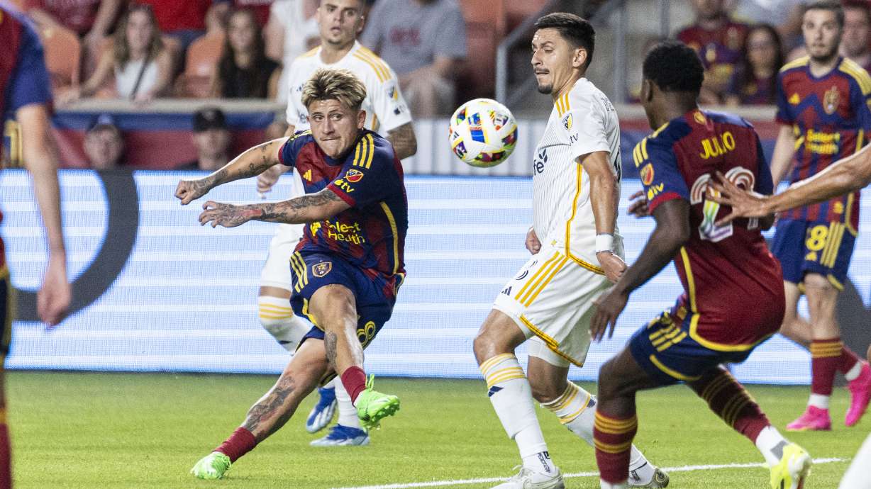 Real Salt Lake midfielder Diego Luna (8) takes a shot on the goal during a Major League Soccer game against the Los Angeles Galaxy at America First Field in Sandy on Saturday, June 22, 2024.