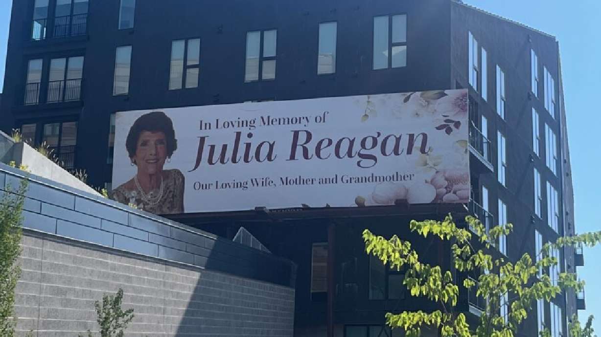 A billboard commemorating Julia Reagan stands in Salt Lake City.