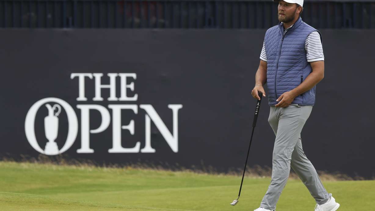 Daniel Brown of England walks onto the 18th green during his second round of the British Open Golf Championships at Royal Troon golf club in Troon, Scotland, Friday, July 19, 2024.